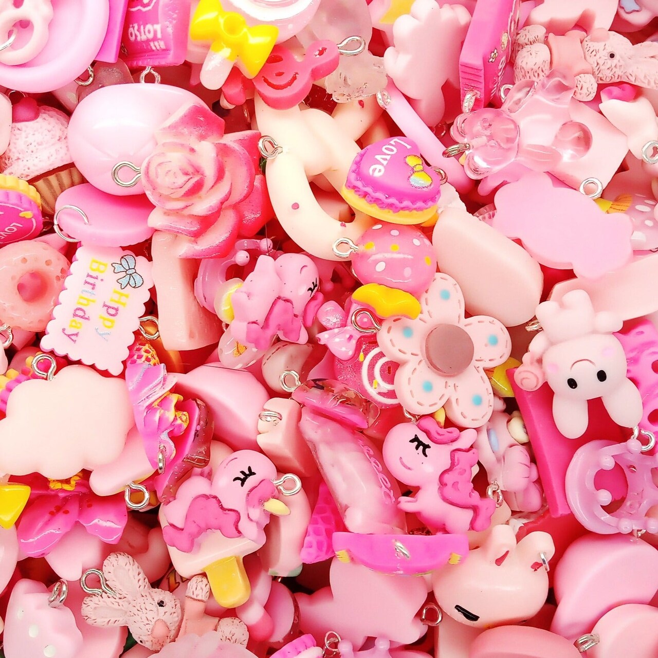 Pink Kawaii Charm Mix, 25pc Cute Resin Cabochon Charm Grab Bag, Adorabilities